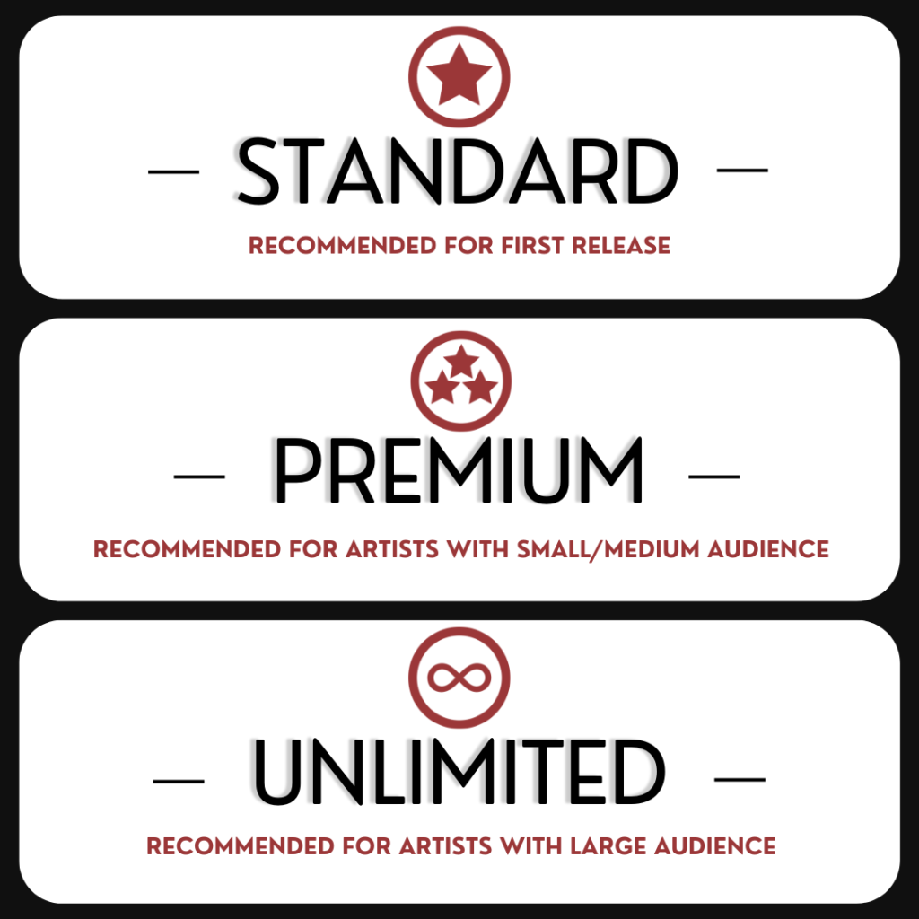 tommy berdahl music license types. standard is best for first releases. Premium is for artists with small audiences, and unlimited is best for artists with large audiences.